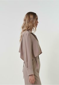 Veste beige raccourcie en tissu lisse, avec un col et des manches longues. Le design est minimaliste avec une coupe légèrement ample.