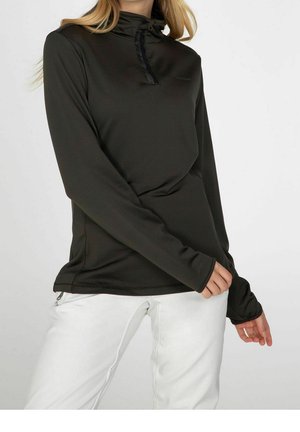 Long-sleeve, high-neck pullover in dark green fabric, featuring a subtle sheen and a black zipper detail at the neck.