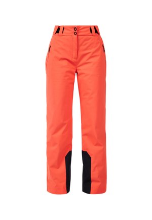 Helle orange Skihosen mit geradem Schnitt, ausgestattet mit schwarzen Akzenten an Taschen und Bündchen sowie zwei vorderen Knopfschlüssen. Wasserdichtes Material.