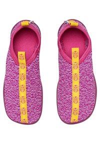 Pink slip-on shoes with a textured knit upper, featuring a yellow accent strap adorned with a pattern and a flexible rubber sole.