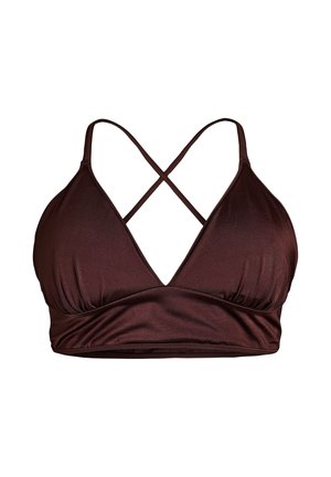 Tamno smeđi bikini gornji dio s trokutastim košaricama i tankim naramenicama koje se križaju na leđima, izrađen od glatke, blago sjajne tkanine.