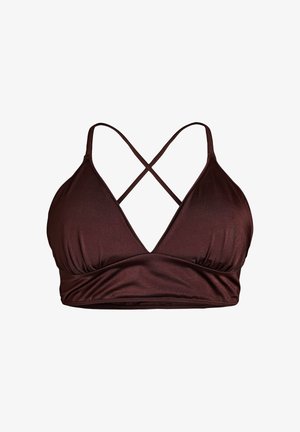 Dunkelbraunes Bikinioberteil mit dreieckigen Cups und dünnen, sich am Rücken kreuzenden Trägern aus glattem, leicht glänzendem Stoff.