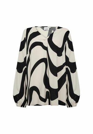 Črno-bela bluzna z dolgo rokavi, V-izrezom in nabranimi manšetami. Tkanina je gladka s tekočim padcem.