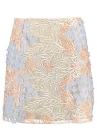 Broderad kjol med ett genomskinligt tyg, prydd med pastellblå och korallfärgade blommor i applikationer på en beige bakgrund, intrikata mönster av blad.