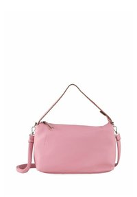 Růžová kožená crossbody taška s hladkým povrchem, vybavená odnímatelným ramenním popruhem a zipovým uzávěrem. Minimalistický design, bez vzorů.