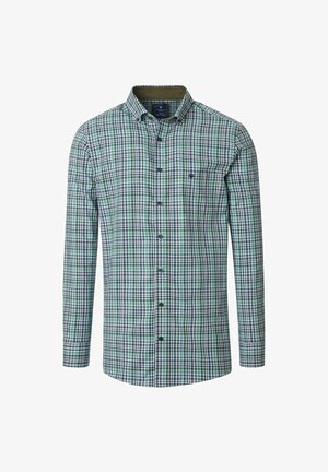 Long-sleeve button-up shirt with green, navy, and white checkered pattern and chest pocket with small embroidered logo.