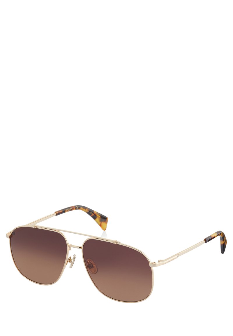 Lunettes de soleil à monture métallique avec des verres dégradés marron. Les branches présentent un motif écaille de tortue. Conception légère avec une forme élégante et angulaire.