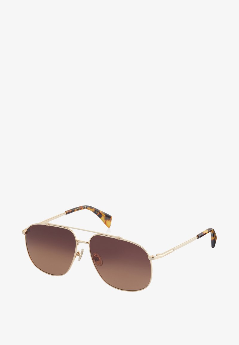 Metal-framed sunglasses with brown gradient lenses. Temples feature a tortoiseshell pattern. Lightweight design with a sleek, angular shape.