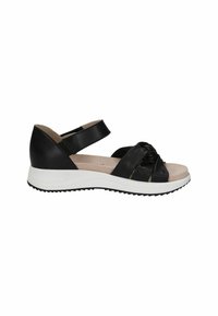 Mustad musta nahast platvormsandaalid, millel on sõlmega esikujundus, reguleeritav pahkluu rihm ja valge tekstuuriga tallad parema haarduvuse jaoks.