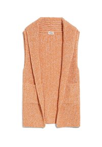 Pletený bezrukávový cardigan v texturovaném vzoru oranžové a krémové barvy, s šálovým límcem a dvěma předními kapsami.