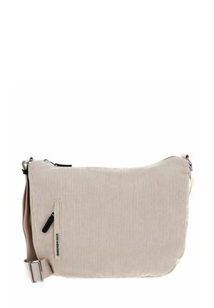 Sacoche en corduroy beige avec une texture lisse, dotée d'une poche zippée et d'une bandoulière ajustable. Design minimaliste avec un branding subtil.