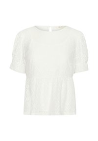 Haut blanc à manches courtes avec un motif en dentelle texturée, encolure ronde et détail en forme de clé à l'arrière. Ourlet peplum légèrement évasé.