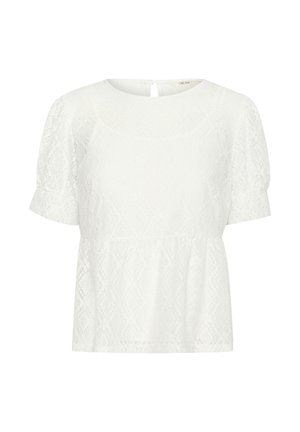 Haut blanc à manches courtes avec un motif en dentelle texturée, encolure ronde et détail en forme de clé à l'arrière. Ourlet peplum légèrement évasé.