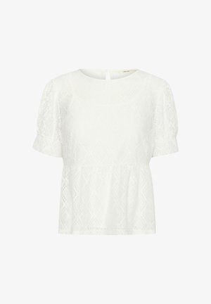White short-sleeve top with a textured lace pattern, round neckline, and back keyhole detail. Slightly flared peplum hem.