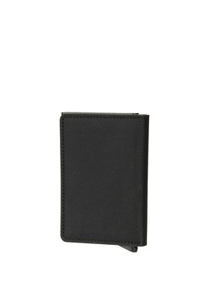 Cartera rectangular negra con bordes cosidos, cerrada, mostrada sobre un fondo blanco.