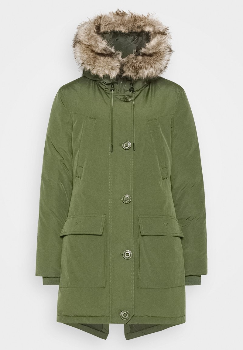 Olivgrüner Winterparka mit kunstfellbesetzter Kapuze, Knopfverschluss vorne, Klappentaschen und verstellbaren Kordeln an der Kapuze.