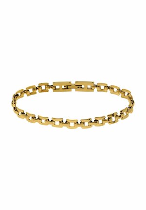 Bracelet chaîne en or avec des maillons rectangulaires reliés par des connecteurs rectangulaires plus petits, présenté sur fond blanc.