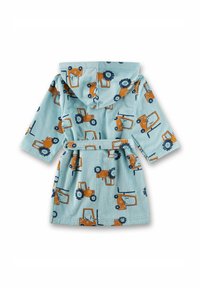 Lichtblauwe badjas met capuchon en tractorpatronen in oranje en marineblauw. Gemaakt van zachte stof, met een riem en korte mouwen.