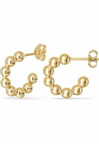 Guldtonade örhängen i form av bågar med sfäriska pärlor i varierande storlekar, polerad yta och stiftlåsingar.