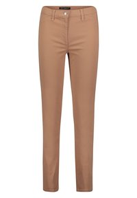 Bruna bomullsmixbyxor med slim fit, femficksdesign, knappstängning fram och bältesöglor. Slät textur och enfärgad.