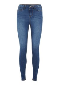 Jean skinny bleu taille haute avec fermeture à boutons et zip, poches avant et légère décoloration sur les cuisses et les genoux.