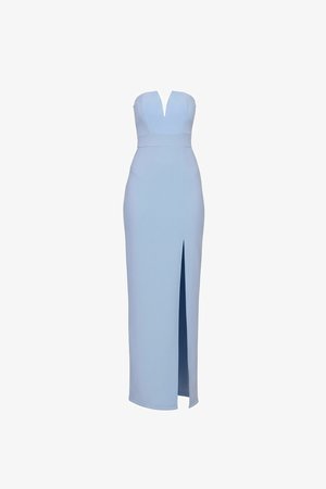 Robe de soirée bleu clair bustier avec un profond décolleté en V et une fente haute jusqu'à la cuisse à l'avant, silhouette ajustée s'étendant jusqu'au sol.
