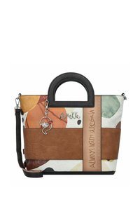 Sac à main coloré avec un mélange de cuir et de tissu à motifs. Il dispose d'une seule anse ronde, d'une bandoulière amovible et d'un charm décoratif en métal.