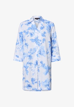 Blue floral-patterned shirt in lightweight fabric with a collar, three-quarter sleeves, and button front, featuring various shades of blue.