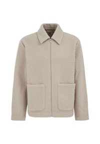 Jachetă bej din fleece cu fermoar frontal, guler ascuțit și două buzunare frontale. Materialul are un aspect moale și texturat.