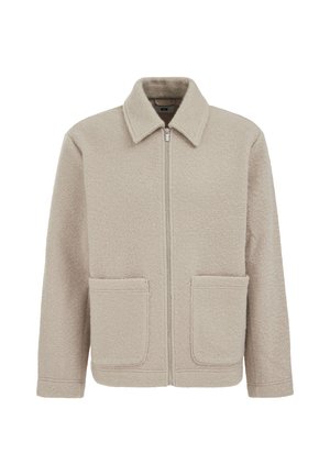 Smėlio spalvos flisinis švarkelis su užtrauktuku priekyje, smaigaluota apykakle ir dviem priekinėmis kišenėmis. Audinys turi minkštą, tekstūruotą išvaizdą.