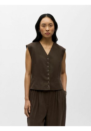 Nő hosszú fekete hajjal, ujjatlan barna, gombos felsőt és hozzá illő pliszírozott barna nadrágot viselve, egyszínű szürke háttér előtt áll.