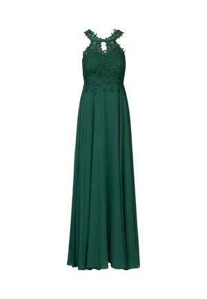 Lang groene jurk met een bloemdecor bodice en een halsopening. De stof is soepel en vloeiend, waardoor een elegante silhouet ontstaat.