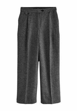 Gray plaid trousers with a relaxed fit, featuring a waistband, two front pleats, and dual button closure. Made of textured fabric.