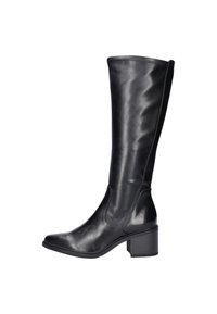 Zwarte leren laars tot de knie met een vierkante neus, chunkywedgehak, gladde afwerking en subtiele stiksel details langs de zijnaad.