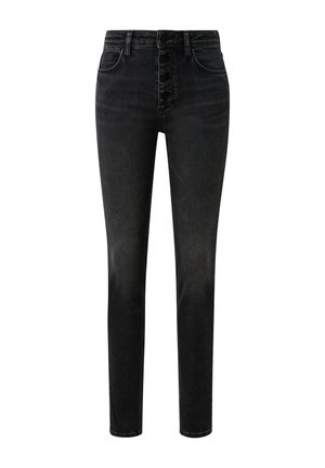 Zwarte denim skinny jeans met een hoge taille, vijfknopen-rits, voorzakken en een gladde textuur. Vervaagde afwerking aan de voorkant voor een subtiele detail.