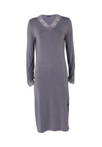Abito grigio a maniche lunghe con scollatura a V rifinita in pizzo e dettagli in pizzo sui polsini; tessuto morbido e design al ginocchio.