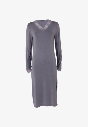 Abito grigio a maniche lunghe con scollatura a V rifinita in pizzo e dettagli in pizzo sui polsini; tessuto morbido e design al ginocchio.