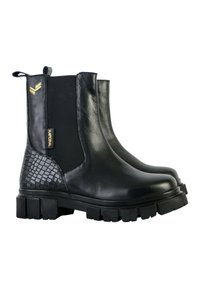 Bottes Chelsea noires en cuir avec des côtés élastiques, un panneau en faux crocodile texturé et une semelle en caoutchouc épaisse. Détail du logo doré.