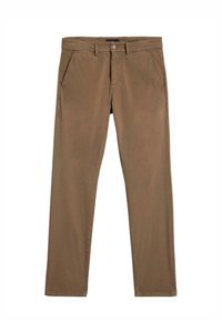 Bruine katoenen chino's met een gladde textuur, recht gesneden pijpen, riemlussen en voorzakken, met een sluiting met één knoop.