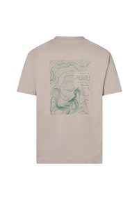 Beige Baumwoll-T-Shirt mit einem grünen topografischen Kartenmotiv auf der Rückseite, inklusive Text und Koordinaten. Entspannt geschnitten mit kurzen Ärmeln.