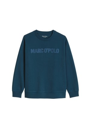 Donker tealkleurige sweater met ronde hals, geribde manchetten en zoom, met "MARC O'POLO" geborduurd over de borst in bijpassende draad.