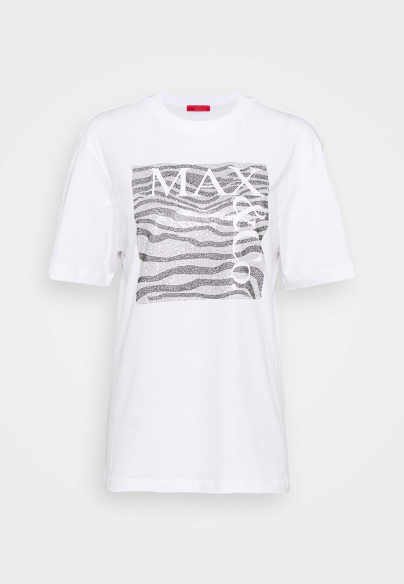 Camiseta de algodón blanca con mangas cortas y cuello redondo. Presenta una impresión gráfica negra con la palabra "MAX" y líneas onduladas.