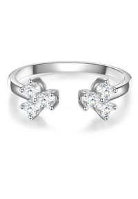 Állítható ezüst gyűrű, amelyen két négy kerek, átlátszó kőből álló csoport található, mindegyik kis fogókkal rögzítve, sima szalaggal.