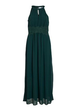 Maxikleid in Dunkelgrün. Es verfügt über einen hohen Ausschnitt mit einem Schlitz, einen Spitzen-Taillenbund und einen fließenden Rock aus leichtem Stoff.