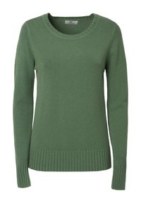 Maglione verde lavorato a maglia con scollo rotondo, maniche lunghe e polsini e orlo a costine. Texture morbida con una finitura liscia.