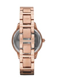 Montre en métal rose gold avec un bracelet à maillons carrés et un cadran rond. Le bracelet présente une finition brossée et la montre arbore un design minimaliste.