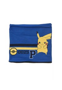 Blauwe stoffen nekwarmer met een Pikachu-afbeelding, een zwart-geel streepje en de tekst "0025 P" in geel en marineblauw.