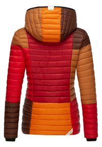 Padded jacket with a multicolored design featuring red, brown, and orange sections. Textured fabric with horizontal quilted pattern and a hood.