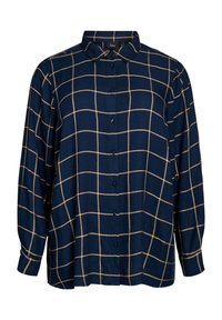 Navy blue button-up shirt with a white grid pattern, long sleeves, and a classic collar. Made of soft fabric with a relaxed fit.