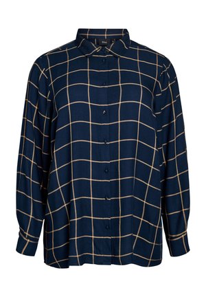 Navy blue button-up shirt with a white grid pattern, long sleeves, and a classic collar. Made of soft fabric with a relaxed fit.